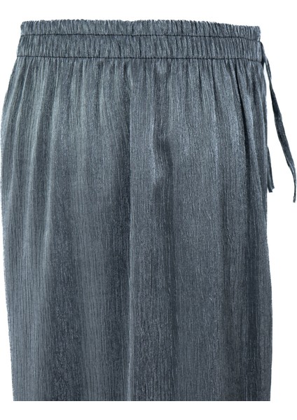 Kadın Pantolon Simli Parlak Bağcıklı Viskon Kumaş Beli Lastikli Geniş Paça Jumbo Rahat Kesim