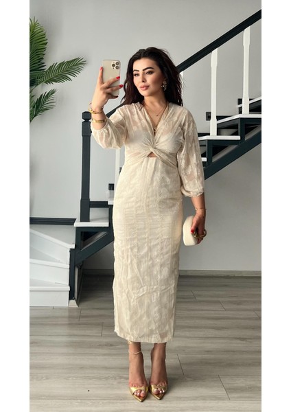 Ekru-Bej Balon Kol Jakarlı Elbise