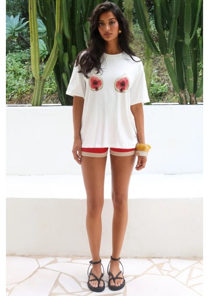 Kadın Tropik Meyve Desenli Kadın Oversize Yazlık Tişört