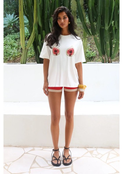 Kadın Tropik Meyve Desenli Kadın Oversize Yazlık Tişört fiyatları