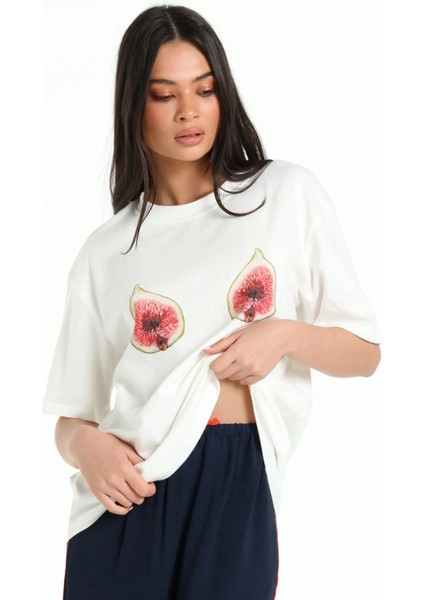 Kadın Tropik Meyve Desenli Kadın Oversize Yazlık Tişört indirimleri
