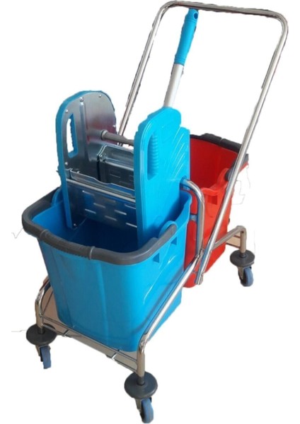 Çift Kovalı Temizlik Arabası Krom Taşıyıcılı Metal Presli Paspas