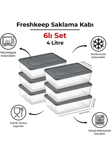 Freshkeep 6'lı 4 Litre Gri Buzdolabı Organizer Mikrodalga ve Difrize Uygun Saklama Kabı
