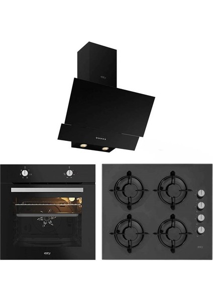 (AEF6601B01 - ACO5601B02 - 3480B01) Siyah Cam Ankastre Set