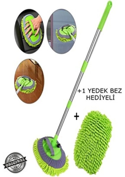 Çok Fonksiyonlu 2 Ln 1 Şönil Microfiber Araba Yıkama Paspas Temizleme Fırçası Teleskopik Uzun Saplı