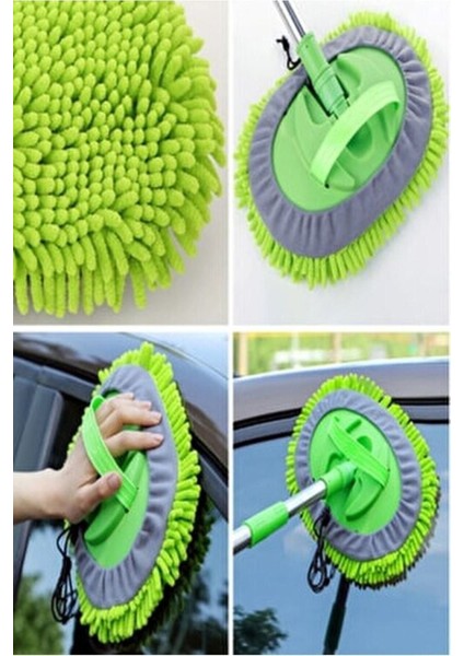 Çok Fonksiyonlu 2 Ln 1 Şönil Microfiber Araba Yıkama Paspas Temizleme Fırçası Teleskopik Uzun Saplı