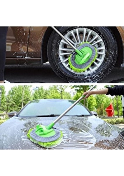 Çok Fonksiyonlu 2 Ln 1 Şönil Microfiber Araba Yıkama Paspas Temizleme Fırçası Teleskopik Uzun Saplı