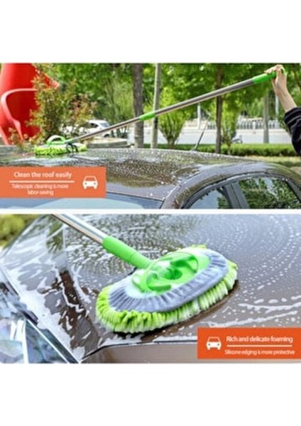 Çok Fonksiyonlu 2 Ln 1 Şönil Microfiber Araba Yıkama Paspas Temizleme Fırçası Teleskopik Uzun Saplı