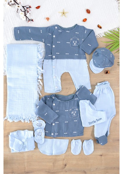 Erkek Bebek Yenidoğan Müslin Mavi 10 Lu Lüks Hastane Çıkışı Zıbın Seti STL6995
