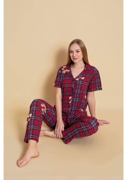 Kadın Kırmızı Ayıcıklı Kısa Kol Gömlek Pijama Takımı