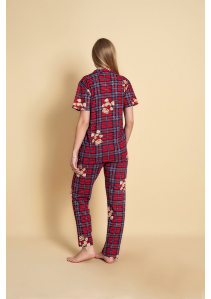 Kadın Kırmızı Ayıcıklı Kısa Kol Gömlek Pijama Takımı modelleri