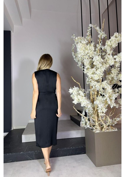 G1207 Drape ve Kemer Detaylı Saten Tasarım Elbise Siyah fiyatları