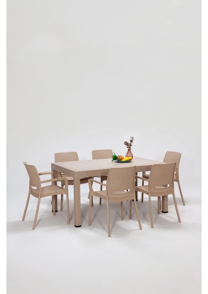 Rattan Lüx Home 6 Kişilik Bahçe Masa Takımı-Cappucino