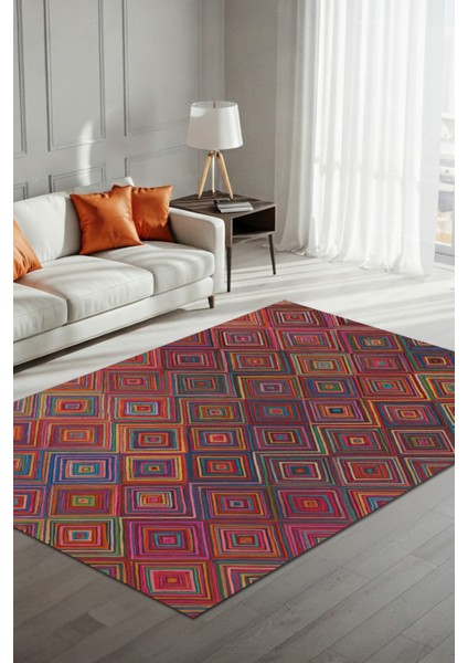 Geometrik Desenli Kırmızı Halı Dijital Baskılı Dokuma Kaymaz Tabanlı Yıkanabilir Kareli Banyo Halısı