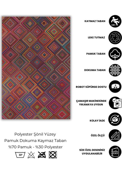 Geometrik Desenli Kırmızı Halı Dijital Baskılı Dokuma Kaymaz Tabanlı Yıkanabilir Kareli Banyo Halısı