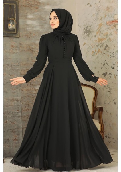 Düğme Detaylı Siyah Tesettür Elbise 2703S