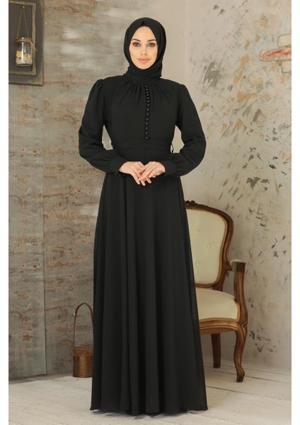 Düğme Detaylı Siyah Tesettür Elbise 2703S fiyatları