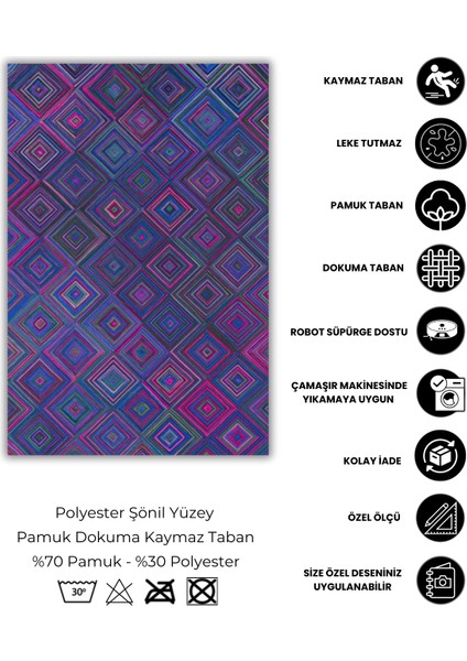 Geometrik Desenli Mor Halı Dijital Baskılı Dokuma Kaymaz Tabanlı Yıkanabilir Kareli Oturma Odası Halısı Çok Renkli Halı