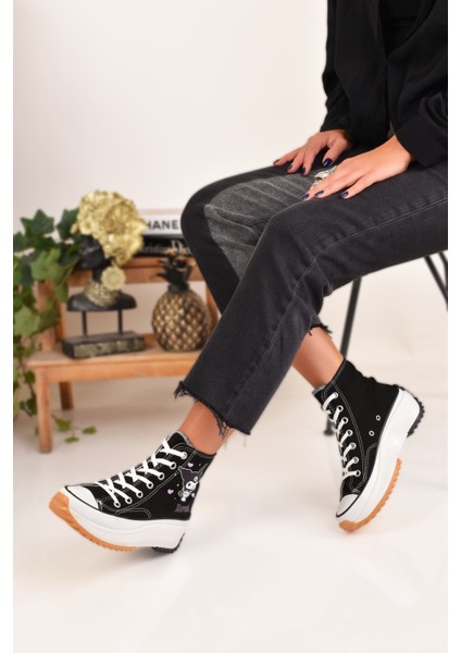 Kuromi Baskılı Siyah Yüksek Taban Bilekli Spor Ayakkabı Sneaker