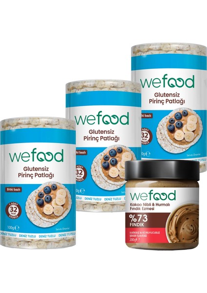 Kakao Nibli Fındık Ezmesi 200 gr +Wefood Glutensiz Pirinç Patlağı 100 gr 3'lü