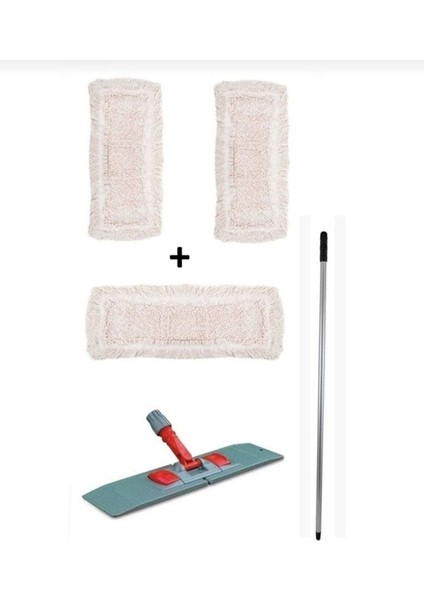 50 cm Çift Tuşlu Plastik Nemli Mop Takımı ve 2 Adet Yedek Bez Nemli Mop Seti