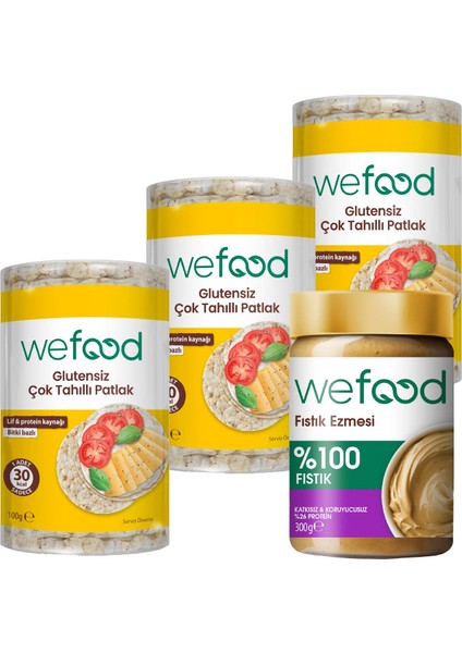 %100 Fıstık Ezmesi 300 gr + Wefood Glutensiz Çok Tahıllı Patlak 100 gr 3'lü