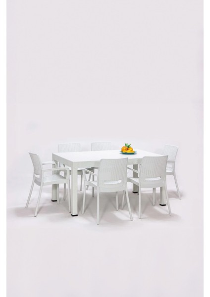 Rattan Lüx Home 6 Kişilik Bahçe Masa Takımı-Beyaz