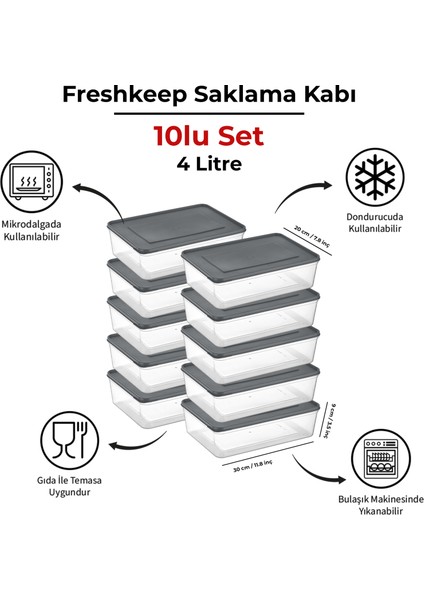 Freshkeep 10'lu 4 Litre Gri Buzdolabı Organizer Mikrodalga ve Difrize Uygun Saklama Kabı