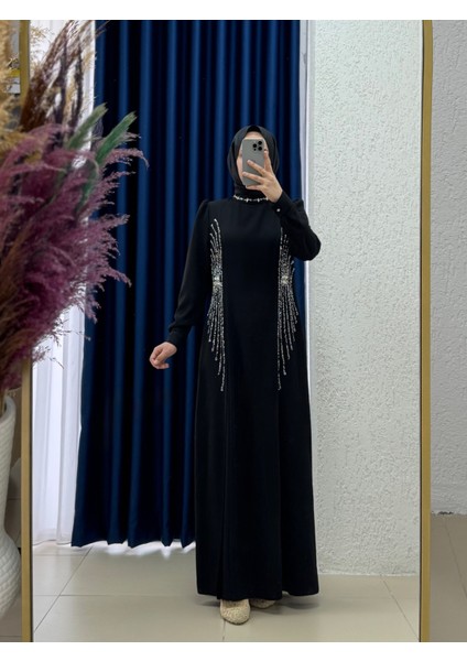 Sanora Yanları ve Boynu Taş Işlemeli Krep ELBISE-GE1040 Siyah