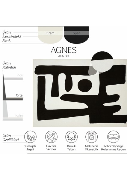 Agnes Krem Siyah Halı Soyut Monokrom Modern Halı Minimal Tarz Yıkanabilir Yumuşak Doku İpeksi Halı fiyatları