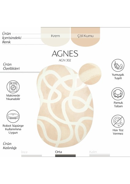 Agnes Bej Krem Asimetrik Halı Soyut Desenli Oval Modern Halı Yumuşak Dokulu Yıkanabilir İpeksi Halı
