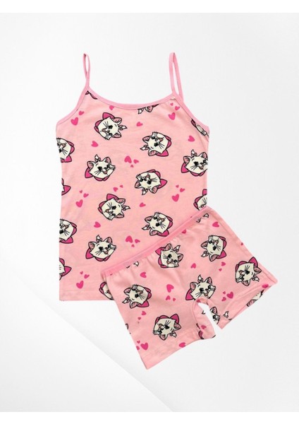 Kız Çocuk %100 Pamuklu Pembe Renk Kalp Kedi Desenli Ince Askılı Atlet Boxer Takımı