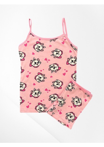 Kız Çocuk %100 Pamuklu Pembe Renk Kalp Kedi Desenli Ince Askılı Atlet Boxer Takımı