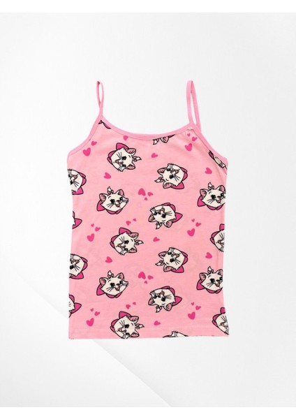 Kız Çocuk %100 Pamuklu Pembe Renk Kalp Kedi Desenli Ince Askılı Atlet Boxer Takımı