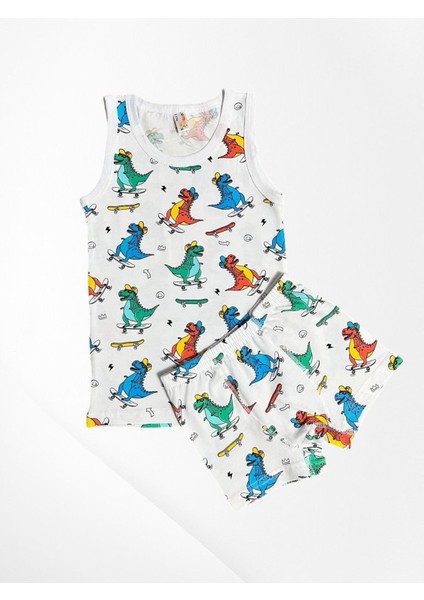 Erkek Çocuk %100 Pamuklu Kaykay Emoji ve Dinozor Desenli Beyaz Atlet Boxer Takımı