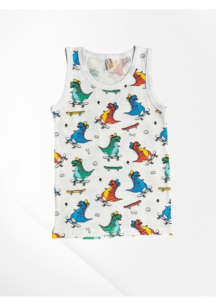 Erkek Çocuk %100 Pamuklu Kaykay Emoji ve Dinozor Desenli Beyaz Atlet Boxer Takımı