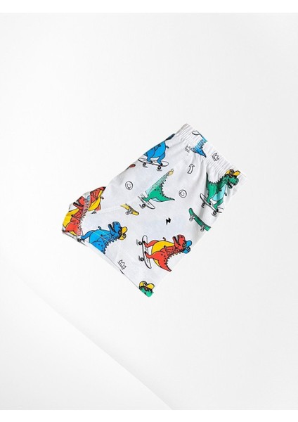 Erkek Çocuk %100 Pamuklu Kaykay Emoji ve Dinozor Desenli Beyaz Atlet Boxer Takımı