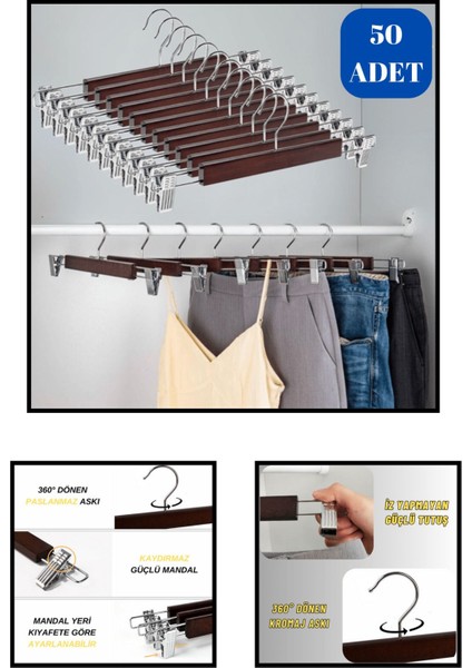 Delüks 50 Adet Ahşap Siyah-Beyaz-Ceviz Ahşap Mandallı Pantolon Askısı Etek Askısı Elbise Askısı