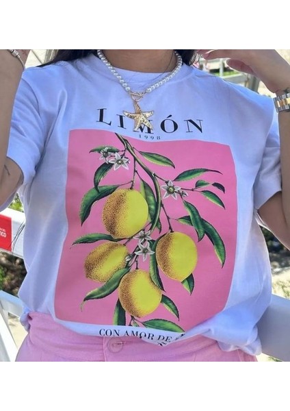 Kadın Yaz Enerjili Limon ve Çiçek Baskılı Beyaz Tişört modelleri