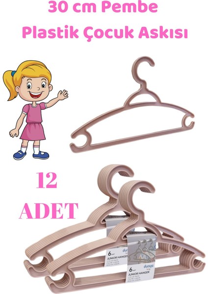 12 Adet Pembe Çocuk Plastik 30 cm Kıyafet Askısı Elbise Askısı