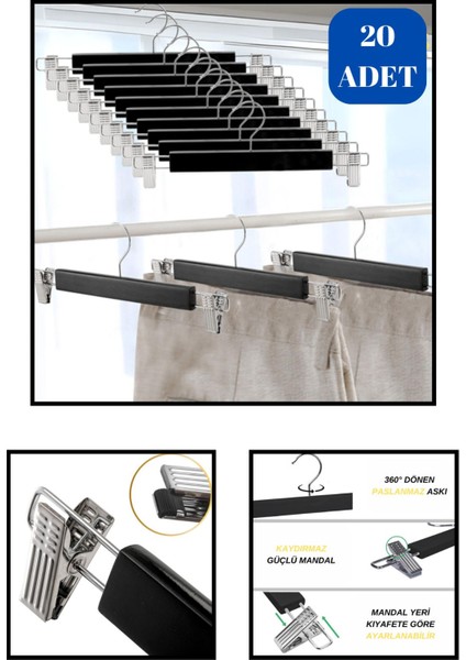 Delüks 20 Adet Ahşap Siyah-Beyaz-Ceviz Ahşap Mandallı Pantolon Askısı Etek Askısı Elbise Askısı