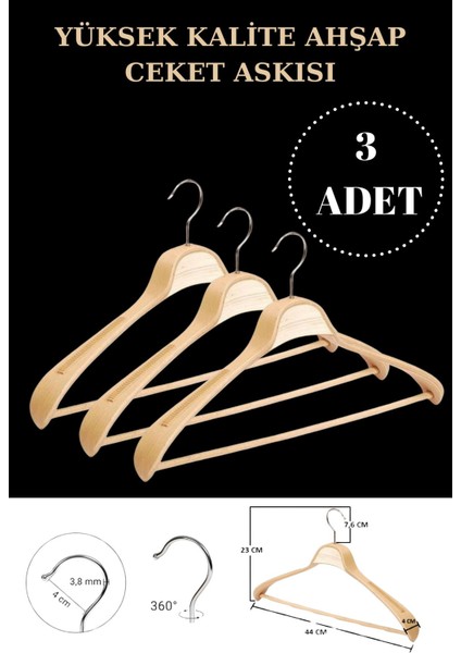 3 Adet Yüksek Kalite 44 cm Ahşap Askı Ceket Askısı Takım Elbise Askısı Ahşap Elbise Askısı