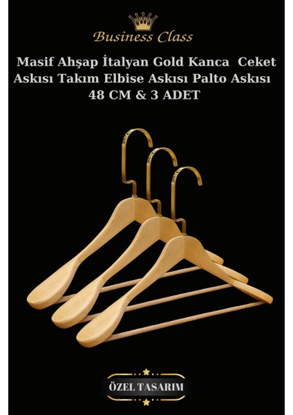 Business Class 3 Adet 48 cm Gold Italyan Kanca Masif Ahşap Elbise Askısı Palto Askısı Ceket Askısı