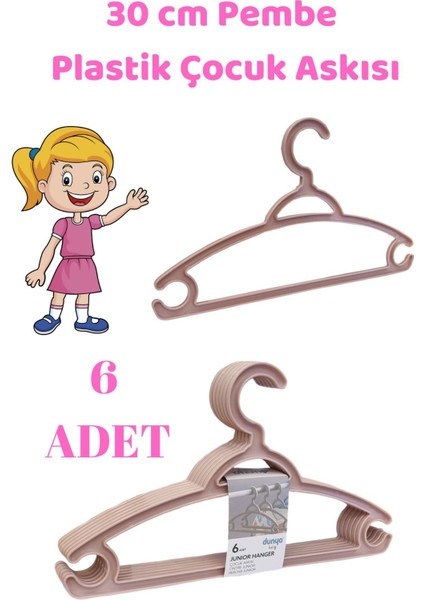 6 Adet Pembe Çocuk Plastik 30 cm Kıyafet Askısı Elbise Askısı