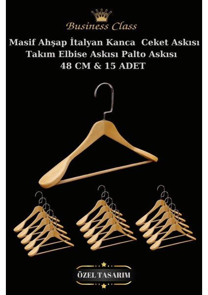 Business Class 15 Adet 48 cm Krom Italyan Kanca Masif Ahşap Elbise Palto Ceket Askısı
