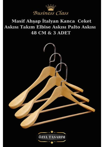Business Class 3 Adet 48 cm Krom Italyan Kanca Masif Ahşap Elbise Askısı Palto Askısı Ceket Askısı