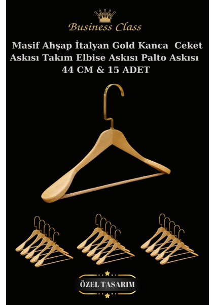 Business Class 15 Adet 44 cm Gold Italyan Kanca Masif Ahşap Elbise Askısı Palto Askısı Ceket Askısı