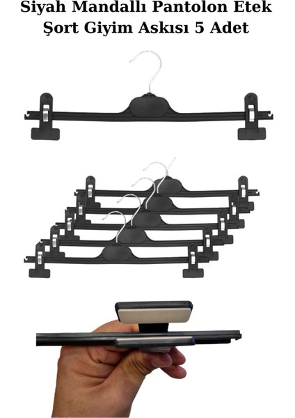 5 Adet 38 cm Plastik Siyah Mandallı Pantolon Etek Şort Giyim Askısı