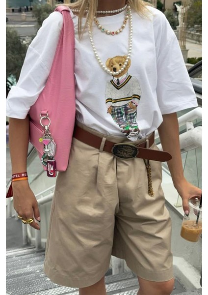 Kadın Preppy Ayıcık Baskılı Beyaz Oversize Kolej Stili Tişört