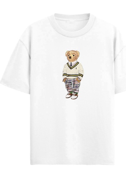 Kadın Preppy Ayıcık Baskılı Beyaz Oversize Kolej Stili Tişört fırsatları